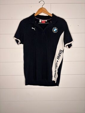 Vintage PUMA BMW Motorsport Colorblock Polo Navy/White Cotton Logo Button Men L
